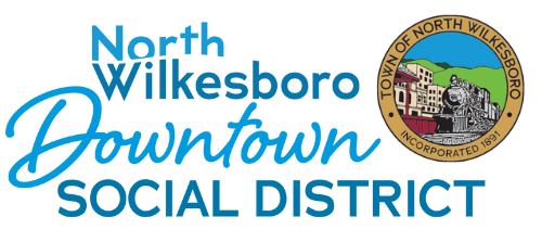 North Wilkesboro's Downtown Social District Logo featuring Blue Text and Town Seal Icon